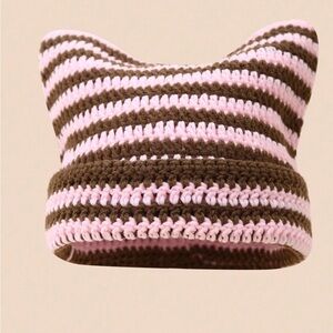 Handmade crochet cat ear beanie pink and brown